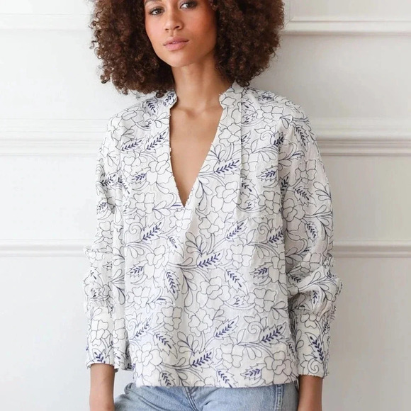 NWT Mille Freya Top Blouse - Embroidered Resortwear V-Neck Long-Sleeve Appliqué - Picture 1 of 9